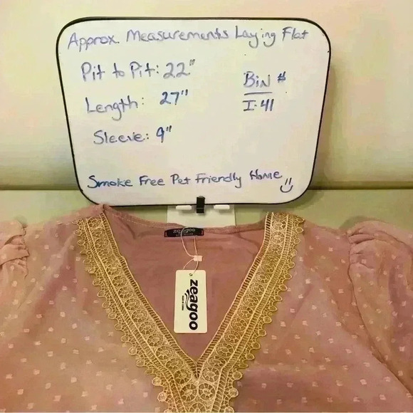 Womens Pink Lace V Neck Puff Short Sleeve Top Swiss Dot chiffon size Large NWT - Picture 9 of 10